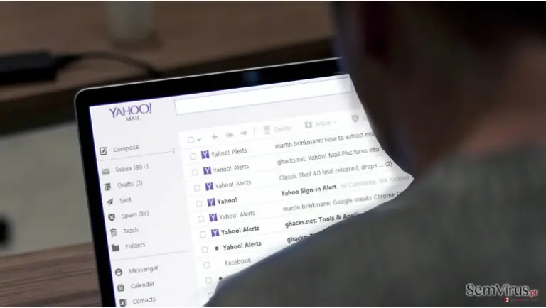 An illustration of a man looking at a hacked Yahoo account