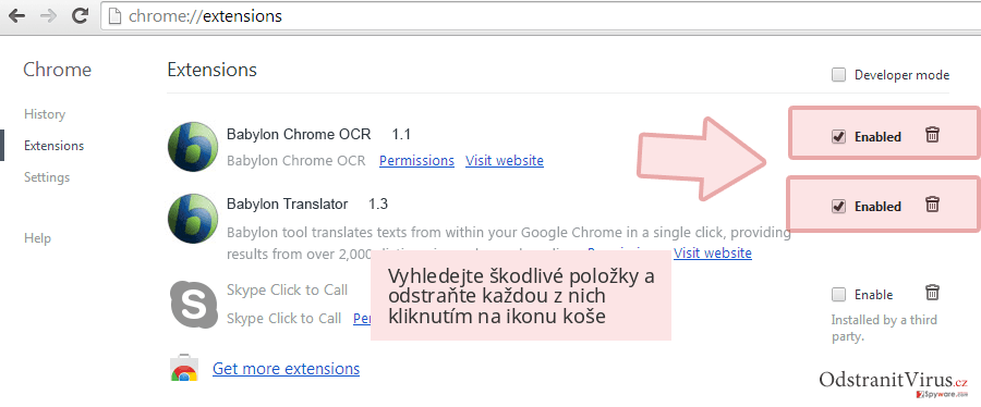 Vyhledejte škodlivé položky a odstraňte každou z nich kliknutím na ikonu koše Vyhledejte škodlivé položky a odstraňte každou z nich kliknutím na ikonu koše