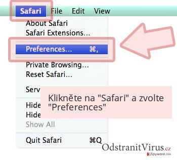 Klikněte na 'Safari' a zvolte 'Preferences' Klikněte na 'Safari' a zvolte 'Preferences'