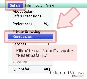 Klikněte na 'Safari' a zvolte 'Reset Safari...' Klikněte na 'Safari' a zvolte 'Reset Safari...'