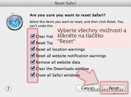Vyberte všechny možnosti a klikněte na tlačítko 'Reset' Vyberte všechny možnosti a klikněte na tlačítko 'Reset'