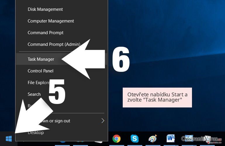 Otevřete nabídku Start a zvolte 'Task Manager' Otevřete nabídku Start a zvolte 'Task Manager'