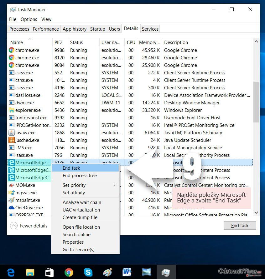 Najděte položky Microsoft Edge a zvolte 'End Task' Najděte položky Microsoft Edge a zvolte 'End Task'