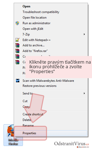 Klikněte pravým tlačítkem na ikonu prohlížeče a zvolte 'Properties' Klikněte pravým tlačítkem na ikonu prohlížeče a zvolte 'Properties'