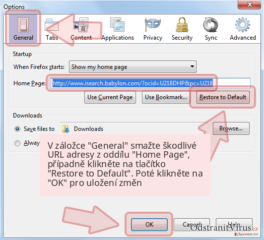 V záložce 'General' smažte škodlivé URL adresy z oddílu 'Home Page', případně klikněte na tlačítko 'Restore to Default'. Poté klikněte na 'OK' pro uložení změn V záložce 'General' smažte škodlivé URL adresy z oddílu 'Home Page', případně klikněte na tlačítko 'Restore to Default'. Poté klikněte na 'OK' pro uložení změn
