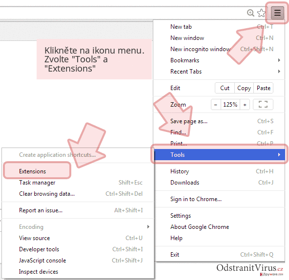 Klikněte na ikonu menu. Zvolte 'Tools' a 'Extensions' Klikněte na ikonu menu. Zvolte 'Tools' a 'Extensions'