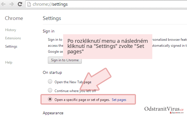 Po rozkliknutí menu a následném kliknutí na 'Settings' zvolte 'Set pages' Po rozkliknutí menu a následném kliknutí na 'Settings' zvolte 'Set pages'
