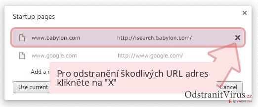 Pro odstranění škodlivých URL adres klikněte na 'X' Pro odstranění škodlivých URL adres klikněte na 'X'