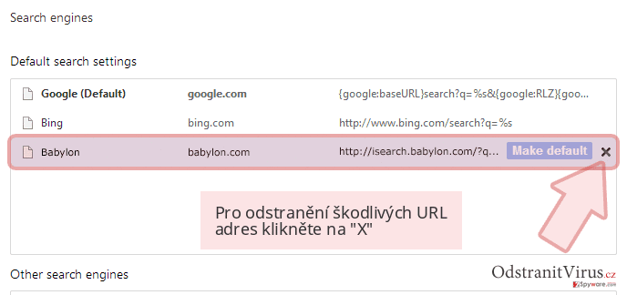 Pro odstranění škodlivých URL adres klikněte na 'X' Pro odstranění škodlivých URL adres klikněte na 'X'